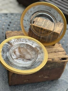 Vintage Gold Rim Glass Plates Set of 5 Etched Laurel Serving Dining